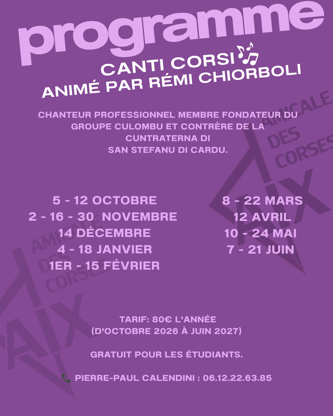 Programme 2026-2027 de l’atelier Canti Corsi