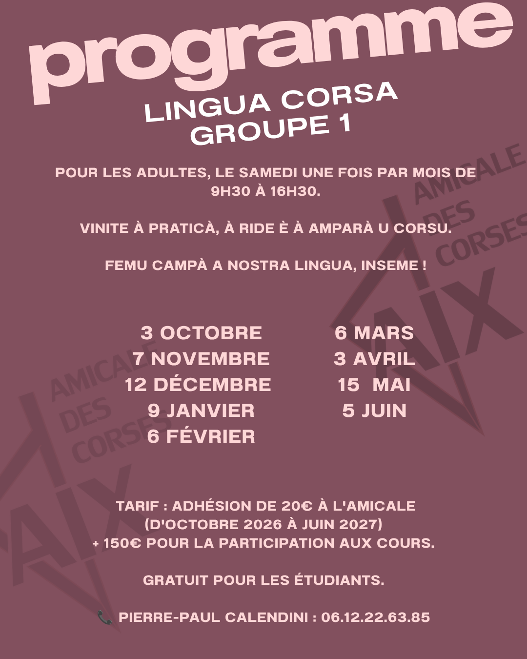 Programme 2026-2027 des cours delangue corse adultes – groupe 1